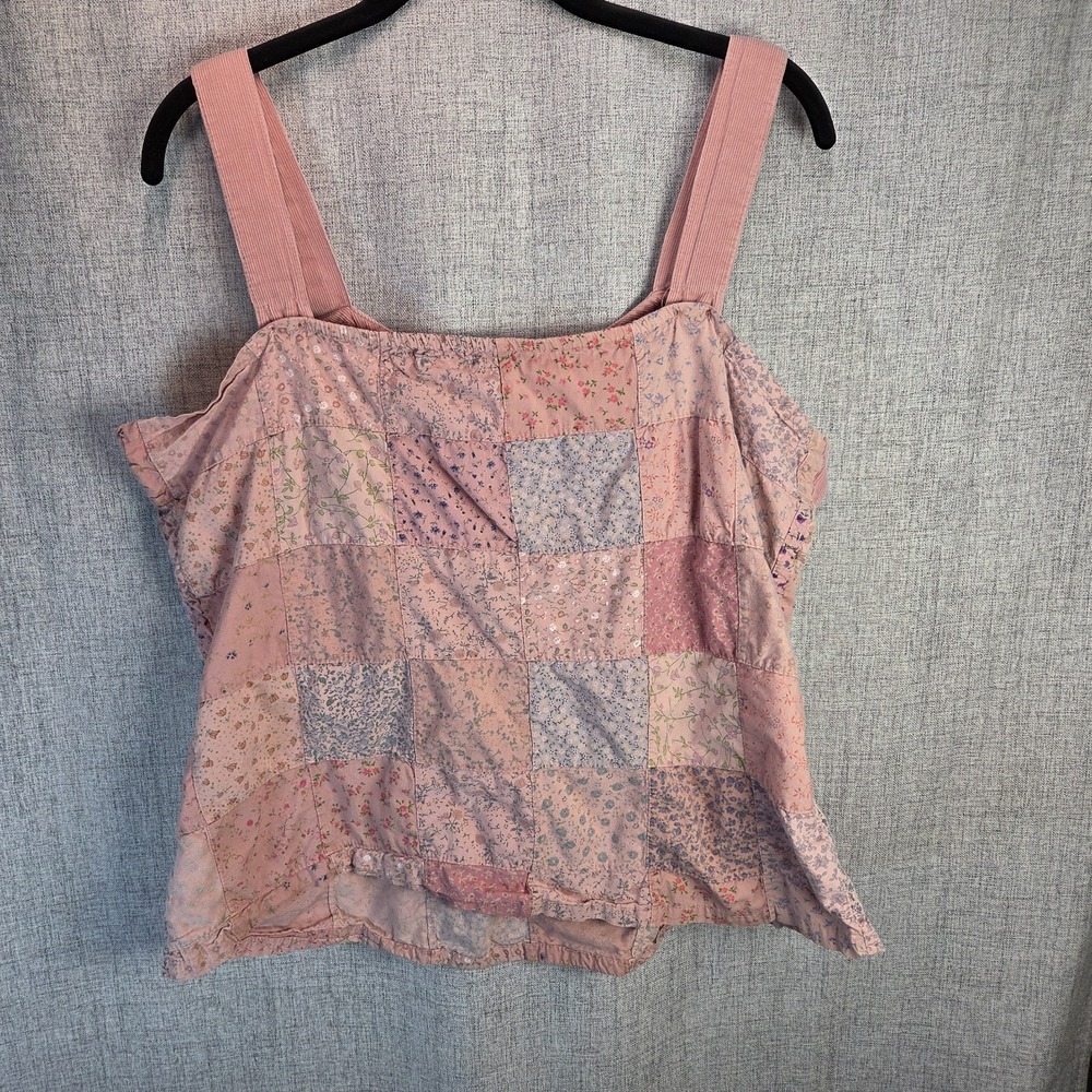 Vintage 90s Patchwork Pink Cropped Tank Top Cottagecore Boho Floral XL Hippie - Picture 4 of 6